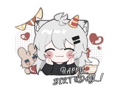 Rule 34 | 1girl, ^ ^, animal ear fluff, animal ears, arknights, black shirt, blush stickers, cake, candle, closed eyes, closed mouth, commentary request, cropped torso, facing viewer, fire, food, grey hair, hair between eyes, hair ornament, hairclip, hands up, happy birthday, hat, heart, highres, lappland (arknights), long hair, mini hat, party hat, pennant, polka dot, shirt, simple background, solo, string of flags, stuffed animal, stuffed rabbit, stuffed toy, tilted headwear, upper body, white background, xijian