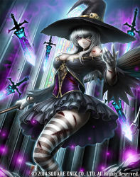 Rule 34 | 1girl, bare shoulders, black dress, breasts, broom, cleavage, closed mouth, corset, cuts, deadman&#039;s cross, dress, hat, heterochromia, injury, layered dress, long hair, long sleeves, looking at viewer, medium breasts, misawa kei, off-shoulder dress, off shoulder, official art, pink eyes, short dress, sidelocks, silver hair, smile, solo, striped clothes, striped thighhighs, sword, thighhighs, undead, watermark, weapon, wide sleeves, witch hat, yellow eyes