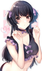 Rule 34 | 1girl, bad id, bad pixiv id, bare arms, bare shoulders, black hair, blush, breasts, brown eyes, choker, cleavage, collarbone, crop top, frills, hair ribbon, hands up, heart, highres, idolmaster, idolmaster shiny colors, long hair, looking at viewer, mayuzumi fuyuko, medium breasts, midriff, navel, parted lips, purple ribbon, ribbon, satoimo chika, solo, stomach, striped, two side up, upper body, vertical stripes