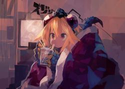 Rule 34 | 1girl, absurdres, blanket, blonde hair, chopsticks, commentary request, cup ramen, eating, highres, holding, holding chopsticks, indoors, kaamin (mariarose753), medium hair, original, red eyes, reptile girl, solo, tail, tokage (kaamin), upper body
