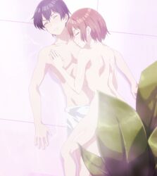 1boy 1girl anime_screenshot back bath bathroom black_hair breast_press breasts brown_hair class_no_daikirai_na_joshi_to_kekkon_suru_koto_ni_natta. closed_eyes collarbone completely_nude highres houjou_saito large_breasts nude sakuramori_akane short_hair shoulder_blades stitched thighs third-party_edit towel towel_around_waist water wet