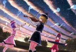 Rule 34 | 3girls, ankle boots, arms up, black headwear, black skirt, black socks, black vest, blonde hair, boots, bow (music), brown hair, closed eyes, cloud, commentary request, dawn, dutch angle, from behind, from side, hat, highres, hitodama, instrument, keyboard (instrument), kneehighs, lake, leaning back, long sleeves, luke (kyeftss), lunasa prismriver, lyrica prismriver, merlin prismriver, multiple girls, music, outdoors, pink footwear, pink headwear, pink skirt, pink vest, playing instrument, purple hair, red headwear, red skirt, red vest, shirt, siblings, sisters, skirt, sky, smile, socks, standing, standing on one leg, star (sky), starry sky, sunrise, touhou, touhou cannonball, tree, trumpet, twilight, vest, violin, white legwear, white shirt