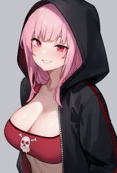 Rule 34 | 1girl, bandeau, black jacket, bluefield, breasts, cleavage, grey background, highres, hololive, hololive english, hood, hood up, hooded jacket, jacket, large breasts, long hair, looking at viewer, mori calliope, open clothes, open jacket, parted lips, pink hair, red eyes, skull and crossbones, skull print, smile, solo, upper body, virtual youtuber