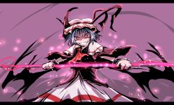 Rule 34 | 1girl, adapted costume, alternate eye color, ascot, blue hair, capelet, constricted pupils, crazy smile, female focus, hat, letterboxed, polearm, purple eyes, remilia scarlet, shiba yuuki, short hair, smile, solo, spear, spear the gungnir, touhou, weapon, wings, wrist cuffs