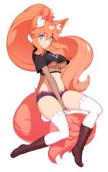 Rule 34 | 1girl, animal ear fluff, animal ear legwear, animal ears, black shirt, blue eyes, boots, bow, breasts, bright pupils, brown footwear, cat ear legwear, commentary, commission, cropped shirt, cross-laced footwear, elbow gloves, english commentary, fingerless gloves, fishnet gloves, fishnets, fox ears, fox tail, full body, gloves, hair bow, halphelt, highres, large breasts, long hair, looking at viewer, orange hair, original, parted lips, ponytail, red bow, shirt, short sleeves, simple background, smile, solo, tail, thighhighs, underboob, very long hair, white background, white pupils, white thighhighs