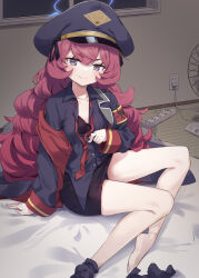 Rule 34 | 1girl, absurdres, armband, black bra, black hat, black skirt, black socks, blue archive, blue halo, blush, bra, closed mouth, grey eyes, halo, hat, highres, iroha (blue archive), long hair, long sleeves, looking at viewer, natsuki (gedo), peaked cap, red armband, red hair, safety pin, skirt, smile, socks, solo, underwear