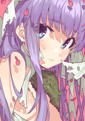 Rule 34 | 1girl, bandages, bare shoulders, blue eyes, blush, closed mouth, crying, crying with eyes open, dripping, fate/extra, fate/extra ccc, fate/grand order, fate (series), from side, kingprotea (fate), long hair, looking at viewer, moss, petals, pink background, purple hair, simple background, solo, tears, teshima nari, upper body