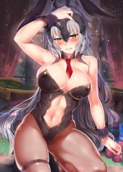 Rule 34 | 1girl, absurdres, animal ears, arm at side, artoria pendragon (all), artoria pendragon (fate), artoria pendragon (swimsuit ruler) (fate), artoria pendragon (swimsuit ruler) (fate) (cosplay), bare shoulders, black leotard, blush, breasts, brown pantyhose, casino, cleavage, closed mouth, clothing cutout, cosplay, curtains, detached collar, fake animal ears, fate/grand order, fate (series), female focus, hand on own head, headpiece, high heels, highleg, highleg leotard, highres, indoors, jeanne d&#039;arc (fate), jeanne d&#039;arc alter (avenger) (fate), jeanne d&#039;arc alter (fate), kawai (purplrpouni), large breasts, leotard, long hair, looking at viewer, navel, navel cutout, necktie, night, non-web source, pantyhose, playboy bunny, poker chip, purple footwear, rabbit ears, rabbit girl, red necktie, roulette table, silver hair, skindentation, solo, strapless, strapless leotard, table, thigh strap, thighs, very long hair, window, wrist cuffs, yellow eyes