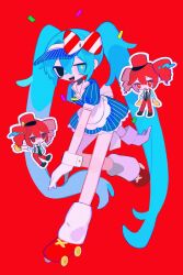Rule 34 | 2girls, black eyes, blue eyes, blue hair, bow, confetti, full body, gloves, hatsune miku, highres, htn nm, kasane teto, long hair, looking at viewer, mesmerizer (vocaloid), multiple girls, multiple views, open mouth, red background, red footwear, roller skates, sharp teeth, shoes, simple background, skates, smile, standing, standing on one leg, striped bow, teeth, tongue, tongue out, twintails, utau, very long hair, visor cap, vocaloid, white gloves, wrist cuffs