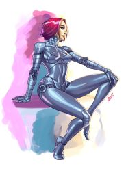 Rule 34 | 1girl, alita, android, battle angel alita, bodysuit, cyberpunk, cyborg, diepod, expressionless, from side, full body, highres, looking at viewer, looking to the side, metal, original, profile, red hair, robot, science fiction, short hair, signature, simple background, sitting, solo, white background