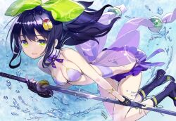 1girl bikini boots gloves green_eyes green_ribbon hair_ornament hair_ribbon holding holding_sword holding_weapon hotarumaru_kunitoshi katana looking_at_viewer personification purple_bikini purple_hair ribbon sanbasou see-through_clothes swimsuit sword tenka_hyakken weapon