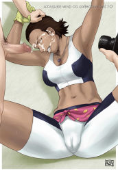 Rule 34 | 1girl, 2boys, armpits, arms up, azasuke, bike shorts, breasts, brown hair, cameltoe, camera, censored, clenched teeth, clothes around waist, covered erect nipples, cum, cum on body, cum on upper body, cumdrip, dark skin, eureka seven, eureka seven (series), closed eyes, facial, gloves, grabbing another&#039;s hair, hand on head, highres, hilda (eureka seven), jewelry, lying, midriff, multiple boys, navel, necklace, on back, penis, pubic hair, rape, shorts, skin tight, spandex, spread legs, sweat, sweater, sweater around waist, tank top, teeth