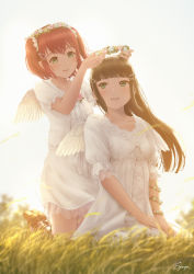 Rule 34 | 2girls, bad id, bad pixiv id, black hair, blunt bangs, commentary request, corsage, cross-laced clothes, dress, feathered wings, frilled sleeves, frills, green eyes, hair ornament, hairpin, head wreath, high heels, highres, kneeling, kurosawa dia, kurosawa ruby, long hair, love live!, love live! school idol festival, love live! sunshine!!, meadow, multiple girls, papi (papiron100), parted lips, red hair, sandals, scrunchie, siblings, signature, sisters, sitting, smile, sundress, two side up, white background, white dress, white scrunchie, white wings, wing hair ornament, wings, wrist flower, x hair ornament