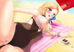 Rule 34 | 1girl, azur lane, beach, blonde hair, blue eyes, blue flower, breasts, brown one-piece swimsuit, casual one-piece swimsuit, center opening, cross-section, cum, cum overflow, flower, hair flower, hair ornament, highres, hood (azur lane), hood (lady of the shining sun) (azur lane), kami no kaze zero, large breasts, long hair, lotion, lying, multicolored clothes, multicolored swimsuit, nipples, official alternate costume, on side, one-piece swimsuit, penis, sex, single hair intake, sunscreen, swimsuit, vaginal, x-ray