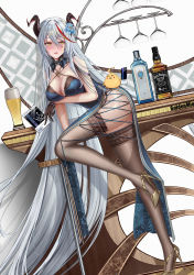 Rule 34 | 1girl, absurdly long hair, absurdres, aegir (azur lane), alcohol, alternate costume, arm under breasts, artist name, ass, azur lane, ballot, bare shoulders, beer, black gloves, black thighhighs, blue dress, blue flower, blush, bottle, breasts, china dress, chinese clothes, criss-cross halter, cross, demon horns, detached collar, dress, floral print, flower, full body, gloves, gold footwear, golden miocola, hair between eyes, half gloves, halterneck, high heels, highres, horns, iron cross, lace, lace-trimmed legwear, lace trim, large breasts, leaning forward, leg up, long hair, manjuu (azur lane), mole, mole under eye, pelvic curtain, red hair, shoes, solo, standing, standing on one leg, stiletto heels, thighhighs, very long hair, vodka, whiskey, white background, white hair, yellow eyes