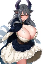Rule 34 | 1girl, animal ears, blush, breasts, brooch, cleavage, cloak, commission, corset, dress, facial mark, fang, grey hair, highres, horns, huge breasts, jewelry, long hair, open mouth, original, skeb commission, skin fang, solo, suruga (xsurugax), two-tone dress, unbuttoned, unbuttoned shirt, very long hair, white background, yellow eyes