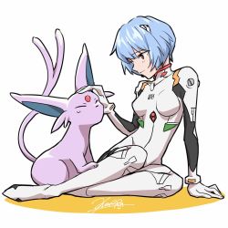 Rule 34 | 1girl, artist request, ayanami rei, blue hair, bodysuit, breasts, creatures (company), crossover, espeon, game freak, gen 2 pokemon, highres, light smile, looking at another, neon genesis evangelion, nintendo, plugsuit, pokemon, pokemon (creature), red eyes, shiny clothes, short hair, sitting, smile