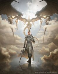 Rule 34 | 1boy, armor, artist request, bahamut (final fantasy), black footwear, bladed lance, blonde hair, cloud, dion lesage, dragon, dragon wings, final fantasy, final fantasy xvi, flying, gauntlets, halberd, highres, holding, holding polearm, holding weapon, official art, polearm, sky, standing, water, weapon, wings