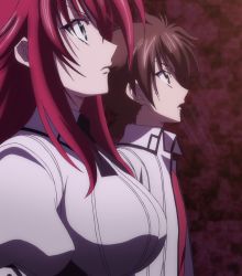 Rule 34 | 10s, 1boy, 1girl, breasts, brown hair, high school dxd, highres, hyoudou issei, large breasts, red hair, rias gremory, school uniform, screencap, standing, stitched, third-party edit