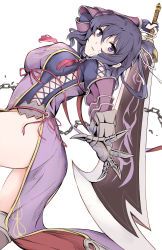 Rule 34 | 1girl, ao no kiseki, arm guards, arm up, ass, breasts, china dress, chinese clothes, chinese commentary, clawed gauntlets, commentary, cowboy shot, dress, eiyuu densetsu, falcom, gauntlets, greatsword, hair between eyes, hajimari no kiseki, highres, holding, holding sword, holding weapon, large breasts, looking at viewer, medium hair, pelvic curtain, purple dress, purple eyes, purple hair, rixia mao, simple background, single gauntlet, solo, sword, tassel, thighs, twisted torso, weapon, white background, yougenko