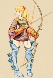 Rule 34 | 1girl, archer (fft), blonde hair, boots, bow (weapon), closed mouth, dress, final fantasy, final fantasy tactics, full body, gloves, highres, long hair, parody, ponytail, shinichi kobe, simple background, solo, style parody, thigh boots, thighhighs, weapon, yoshida akihiko (style)