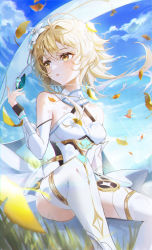 Rule 34 | 1girl, absurdres, bare shoulders, blonde hair, blush, breasts, bug, butterfly, butterfly on hand, commentary request, detached sleeves, dress, ellen6468, feather hair ornament, feathers, genshin impact, hair ornament, highres, insect, korean commentary, leaf, looking away, lumine (genshin impact), medium breasts, parted lips, short dress, short hair, short hair with long locks, sitting, solo, thighhighs, white dress, white thighhighs, wind, yellow eyes, zettai ryouiki
