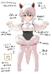Rule 34 | 1girl, anteater ears, anteater tail, black corset, blush, bow, bowtie, brown eyes, center frills, commentary request, corset, extra ears, frills, full body, fur (clothing), grey hair, hair between eyes, highres, kemono friends, long sleeves, meido yomi, multicolored hair, outstretched arms, pantyhose, shirt, short hair, shorts, solo, southern tamandua (kemono friends), translation request, white bow, white bowtie, white hair, white pantyhose, white shirt, white shorts