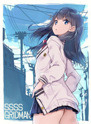 Rule 34 | 10s, 1girl, :o, black hair, black skirt, blue eyes, bow, copyright name, day, gridman universe, hands in pockets, jacket, long hair, long sleeves, looking at viewer, looking back, microskirt, open clothes, open jacket, pleated skirt, power lines, red bow, school uniform, skirt, sky, ssss.gridman, takarada rikka, thighs, town, tsurugi hagane, utility pole, white jacket
