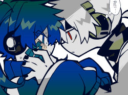 Rule 34 | 1boy, 1girl, black nails, blue eyes, blue hair, blue jacket, covering another&#039;s mouth, ene (kagerou project), from side, hand over another&#039;s mouth, headphones, highres, jacket, kagerou project, konoha (kagerou project), long sleeves, looking at another, nail polish, red eyes, simple background, sweat, thought bubble, tonkatsu184, track jacket, translation request, upper body, white background, white hair