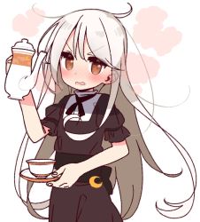 Rule 34 | &gt;:o, 1girl, blush, brown eyes, commentary request, crescent, crescent pin, cup, ears visible through hair, kantai collection, kikuzuki (kancolle), long hair, looking at viewer, open mouth, simple background, solo, teacup, teapot, upper body, v-shaped eyebrows, white background, white hair, yoru nai