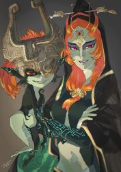 Rule 34 | 1girl, absurdres, breasts, cleavage, cloak, crossed arms, crown, eyeshadow, fang, flying, green eyes, grey background, highres, long hair, makeup, mask, midna, midna (true), nintendo, orange hair, pointy ears, ponytail, red eyes, runes, shrub mtg, simple background, size difference, smile, solo, stone mask, teeth, the legend of zelda, the legend of zelda: twilight princess, upper body