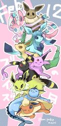 Rule 34 | animal, animal focus, blonde hair, blue eyes, blue hair, bow, brown eyes, closed mouth, creatures (company), eevee, espeon, evolutionary line, fins, flareon, forehead jewel, game freak, gen 1 pokemon, gen 2 pokemon, gen 4 pokemon, gen 6 pokemon, glaceon, highres, jolteon, leafeon, lying, nintendo, no humans, one eye closed, pawpads, pokemon, pokemon (creature), ribbon, sidelocks, smile, sylveon, umbreon, umipokemori, vaporeon