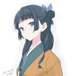 Rule 34 | 1girl, artist name, beads, black hair, blue eyes, closed mouth, commentary request, core (mayomayo), hair beads, hair bun, hair ornament, highres, kusuriya no hitorigoto, long hair, looking at viewer, maomao (kusuriya no hitorigoto), multi-tied hair, simple background, solo, upper body, white background