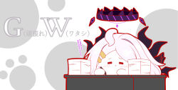 Rule 34 | :t, = =, ahoge, black wings, blue archive, blush, closed eyes, closed mouth, desk, golden week, grey hair, hair ornament, hairclip, halo, highres, hina (blue archive), horns, kurukurumagical, outline, paper stack, red outline, simple background, single hair intake, solo, translation request, white background, wings