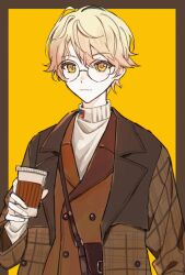 Rule 34 | 1boy, absurdres, bag, bespectacled, border, brown bag, brown border, brown coat, brown jacket, buttons, closed mouth, coat, colored eyelashes, commentary, cup, disposable cup, double-breasted, double-parted bangs, english commentary, glasses, highres, holding, holding cup, jacket, kaminari s, lapels, layered clothes, light brown hair, long sleeves, looking at viewer, male focus, multicolored coat, notched lapels, open clothes, open coat, outside border, plaid, plaid coat, project sekai, round eyewear, short hair, shoulder bag, simple background, solo, straight-on, sweater, tenma tsukasa, turtleneck, turtleneck sweater, two-tone coat, unbuttoned, upper body, white sweater, yellow background, yellow eyes, zozotown