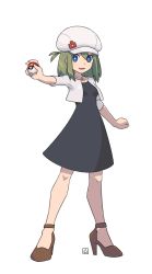 Rule 34 | 1girl, :d, black dress, blue eyes, breasts, brown footwear, cabbie hat, collarbone, creatures (company), cropped jacket, dress, full body, game freak, green eyes, hat, high heels, holding, holding poke ball, jacket, looking at viewer, medium breasts, muu (mumumer), nintendo, open clothes, open jacket, open mouth, original, poke ball, poke ball (basic), pokemon, shoes, short sleeves, simple background, smile, solo, standing, white background, white hat, white jacket, yunomiya agari