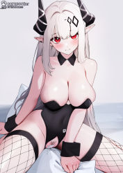 Rule 34 | 1girl, arknights, blush, breasts, cleavage, cutout, ett, fishnets, highres, large breasts, leotard, long hair, looking at viewer, mudrock (arknights), pasties, playboy bunny, pointy ears, pubic hair, pussy juice, red eyes, sitting, smile, white hair