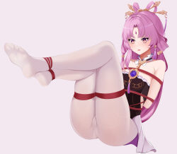 Rule 34 | 1girl, arms behind back, bare shoulders, bdsm, bondage, bound, bound ankles, bound arms, bound legs, bound thighs, bound torso, bow-shaped hair, bubblekong, dress, forehead jewel, fu xuan (honkai: star rail), hair ornament, hair rings, hair stick, highres, honkai: star rail, honkai (series), long hair, low twintails, open mouth, pantyhose, parted bangs, pink eyes, pink hair, pink tassel, red rope, restrained, rope, shibari, shibari over clothes, solo, tassel, tassel hair ornament, twintails, very long hair, white pantyhose