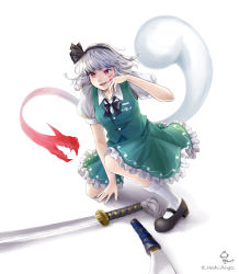Rule 34 | 1girl, absurdres, ankle socks, arm support, black bow, black bowtie, black hairband, black ribbon, blood, blood on face, bow, bowtie, buttons, collared shirt, commentary request, dragon, fang, floating hair, frilled skirt, frills, green skirt, green vest, grey hair, hair ribbon, hairband, half-closed eye, hand on own cheek, hand on own face, hand up, highres, hitodama, hoshiringo0902, katana, konpaku youmu, konpaku youmu (ghost), mary janes, medium skirt, on one knee, open mouth, puffy short sleeves, puffy sleeves, red eyes, ribbon, shirt, shoes, short hair, short sleeves, signature, simple background, skirt, skirt set, socks, solo, sword, tassel, teeth, touhou, twitter username, uneven eyes, unsheathed, v-shaped eyebrows, vest, wakizashi, weapon, white background, white shirt, white socks, wily beast and weakest creature, wiping face