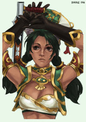 Rule 34 | 1girl, absurdres, armlet, armpits, arms up, black gloves, bladed tonfa, braid, breasts, brooch, brown eyes, cleavage, commentary, completion time, dark-skinned female, dark skin, eyebrows, gloves, gorget, green hair, hat, highres, jewelry, lips, low twintails, midriff, monori rogue, small breasts, solo, soul calibur, strapless, talim, tonfa, tube top, twin braids, twintails, vest, weapon