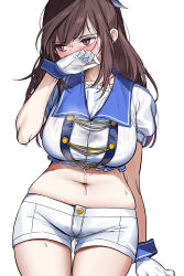 Rule 34 | 1girl, black hair, blush, breasts, collarbone, covered mouth, crop top, cum, cum in clothes, diagonal bangs, duplicate, embarrassed, full-face blush, gloves, hair ribbon, hand to own mouth, hand up, highres, idol, idolmaster, idolmaster shiny colors, large breasts, long hair, looking away, messy hair, midriff, nakamura rohane, navel, ribbon, shirt, short sleeves, shorts, simple background, skindentation, solo, stomach, sweat, sweatdrop, swept bangs, thigh gap, thighs, tsukioka kogane, water drop, wet, wet clothes, wet shirt, white background, white shorts
