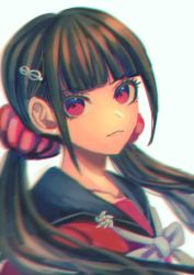 1girl blunt_bangs danganronpa_(series) danganronpa_v3:_killing_harmony esu_(tasoesu) expressionless hair_ornament hair_scrunchie harukawa_maki highres long_hair looking_at_viewer low_twintails mole mole_under_eye portrait red_eyes red_scrunchie red_shirt school_uniform scrunchie shirt solo twintails