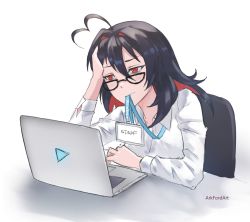 1girl, ahoge, ark ford, artist name, at computer, bags under eyes, black-framed eyewear, black hair, chair, colored inner hair, computer, desk, dress shirt, enma-chan, glasses, hair intakes, hand in hair, head rest, highres, hololive, hololive english, id card, lanyard, laptop, leaning forward, logo, long hair, multicolored hair, office lady, red eyes, semicircular eyewear, shirt, simple background, sitting, solo, two-tone hair, white background, white shirt, working