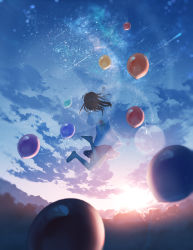 Rule 34 | 1girl, absurdres, arm up, bad proportions, balloon, barefoot, cloud, floral print, full body, furi0831, highres, lens flare, original, outdoors, scenery, shirt, skirt, sky, solo, sunset, white shirt