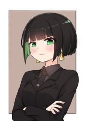 Rule 34 | 1girl, allmind (armored core 6), armored core, armored core 6, black hair, black necktie, black suit, blush, border, breasts, brown background, character logo, colored inner hair, commentary request, crossed arms, earrings, formal, green eyes, green hair, grey shirt, highres, hime cut, i.u.y, jewelry, looking at viewer, mole, mole under eye, multicolored hair, necktie, office lady, outside border, personification, shirt, short hair, small breasts, solo, suit, triangle earrings, white border