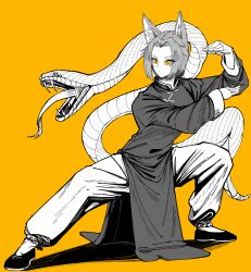 absurdres animal_ears changpao china_dress chinese_clothes dress fighting fighting_stance fox_ears highres kokoro_no_koibito kung_fu long_sleeves martial_arts monk original self-upload shaolin_monk snake tangzhuang training yellow_eyes