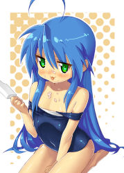 Rule 34 | 00s, 1girl, :3, :p, ahoge, areola slip, bare shoulders, barefoot, blue hair, blush, clothes pull, female focus, flat chest, food, green eyes, izumi konata, kink (tortoiseshell), kneeling, long hair, lucky star, naughty face, nipple slip, nipples, old school swimsuit, one-piece swimsuit, one-piece swimsuit pull, popsicle, school swimsuit, seiza, sexually suggestive, shiny clothes, shiny skin, sitting, solo, strap slip, swimsuit, thighs, tongue, tongue out, tsurime, very long hair