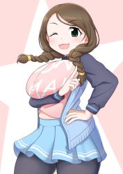 Rule 34 | 10s, 1girl, ;d, akanishi erika, belly, braid, breast lift, breasts, brown hair, green eyes, hand on own hip, highres, idolmaster, idolmaster cinderella girls, large breasts, long hair, looking at viewer, magure senshi, one eye closed, open mouth, plump, skirt, smile, solo, twin braids