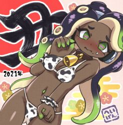 Rule 34 | 2021, alternate costume, animal print, bare shoulders, bell, bikini, black hair, breasts, brown collar, cephalopod eyes, chinese zodiac, cleavage, clenched hand, closed mouth, collar, colored skin, cow print, cowboy shot, dark-skinned female, dark skin, dutch angle, furrowed brow, gradient hair, gradient skin, green eyes, green hair, green skin, hand up, headphones, highres, horizontal pupils, ikaheigen, legs apart, long hair, looking at viewer, marina (splatoon), medium breasts, mole, mole under mouth, multicolored hair, multicolored skin, navel piercing, new year, nintendo, octoling, piercing, pink pupils, splatoon (series), suction cups, swimsuit, tentacle hair, two-tone hair, two-tone skin, underboob, year of the ox