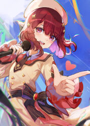 Rule 34 | 1girl, absurdres, arima kana, beret, black necktie, blush, bow, braid, buttons, chromatic aberration, collared dress, commentary, dress, frilled sleeves, frills, hair between eyes, hat, heart, highres, holding, holding microphone, idol, long sleeves, looking at viewer, medium hair, microphone, miyano haruto, necktie, official alternate costume, open mouth, oshi no ko, pointing, red eyes, red hair, single braid, solo, sparkle hair ornament, teeth, upper body, upper teeth only, waist bow, yellow dress, yellow hat